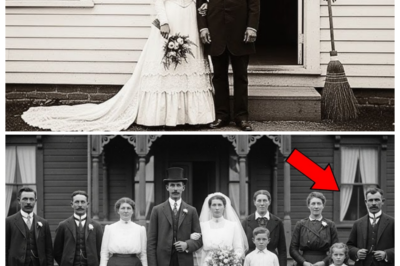 A Wedding Photo from 1905 Looks Normal But in the Background, Historians Are Shocked A wedding photo from 1905 looks normal, but in the background, historians are shocked. And before continuing, subscribe to the channel and activate notifications so you will be notified as soon as a new video is released. Dr.Sarah Mitchell’s hands trembled as she held the sepia toned photograph under the magnifying glass. The Carnegie Library in Pittsburgh had donated boxes of historical photographs to her university, and this particular wedding photo from 1905 had caught her attention. The bride, radiant in white lace, stood beside her groom in a formal black suit. Guests surrounded them on the steps of what appeared to be a Methodist church. Everyone frozen in that moment of celebration over a century ago. But something in the background made Sarah’s breath catch. Behind the wedding party, partially obscured by the church’s stone architecture, stood a figure that seemed oddly familiar. The person wore period appropriate clothing, but there was something about their posture and the way they held themselves that didn’t quite fit with the other wedding guests.